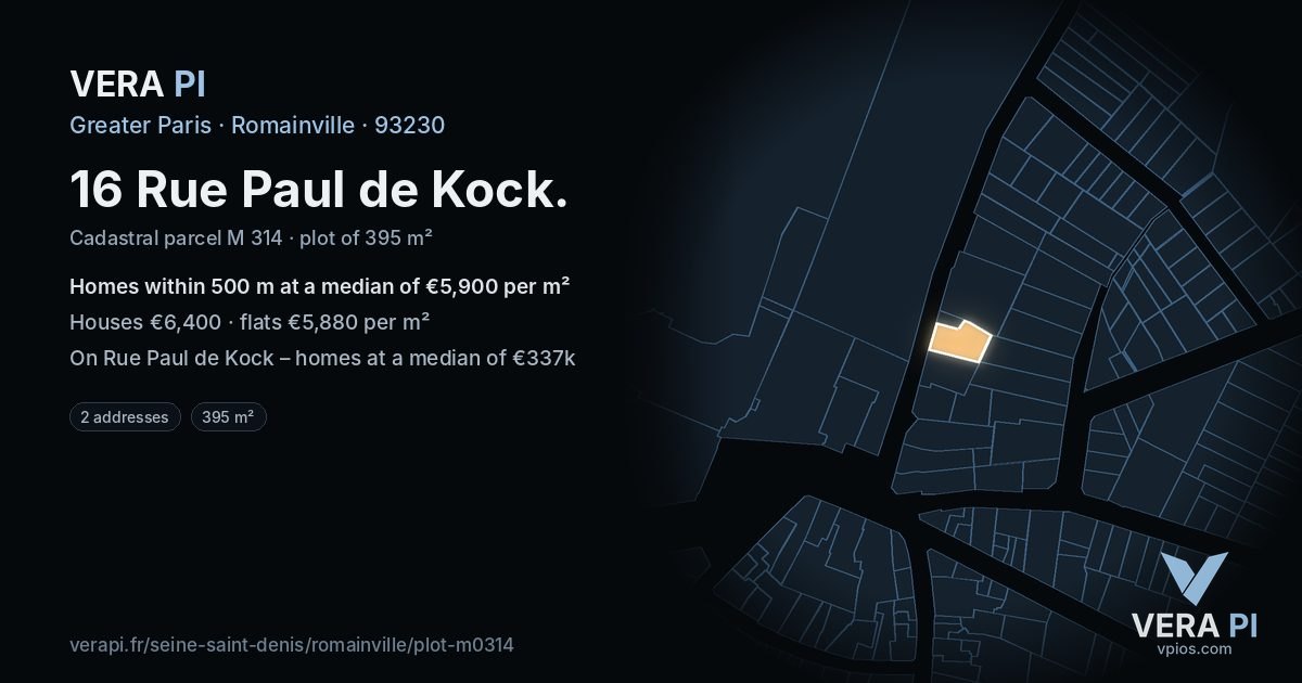 16 Rue Paul de Kock, Romainville at night – the plot lit, the parcels around coloured by the prices near them