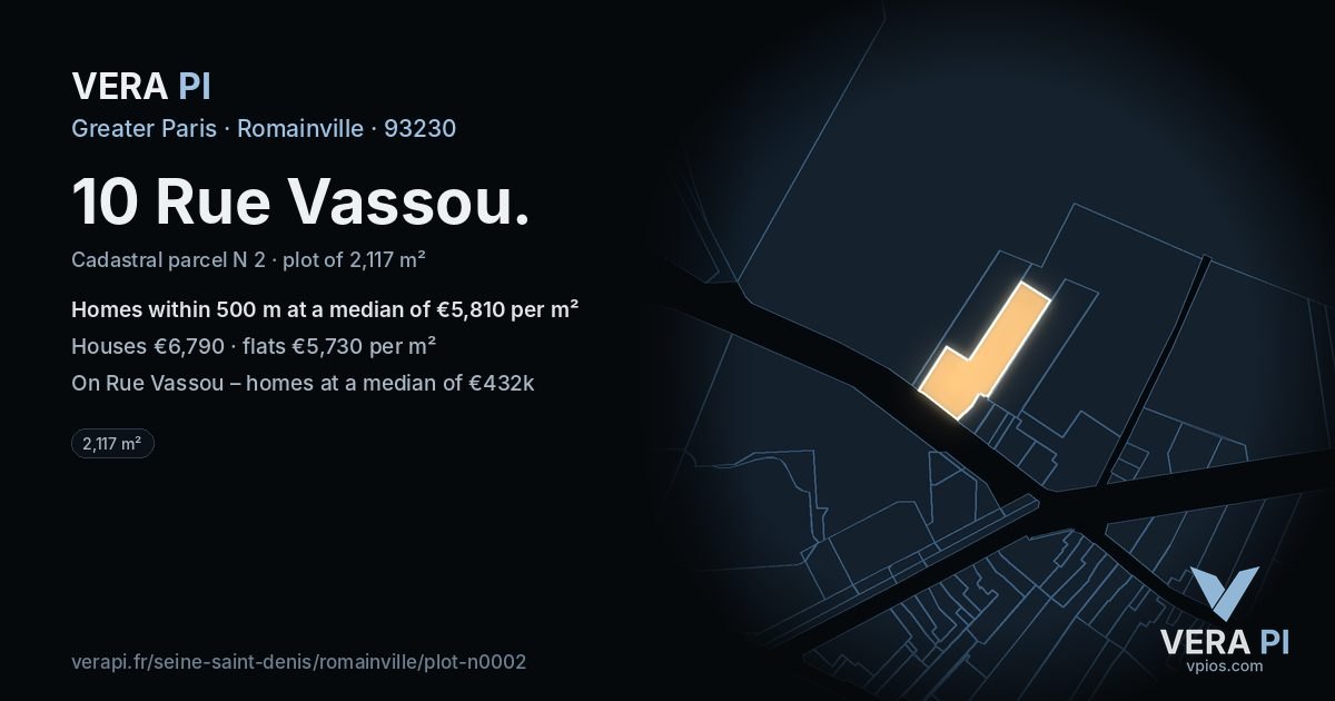 10 Rue Vassou, Romainville at night – the plot lit, the parcels around coloured by the prices near them