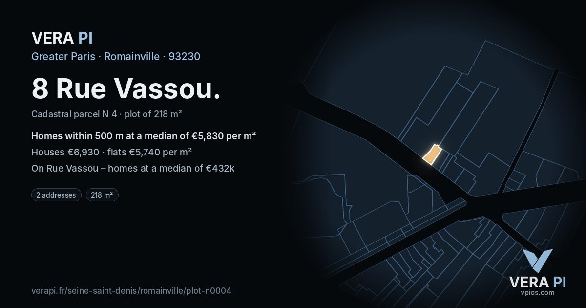 8 Rue Vassou, Romainville at night – the plot lit, the parcels around coloured by the prices near them