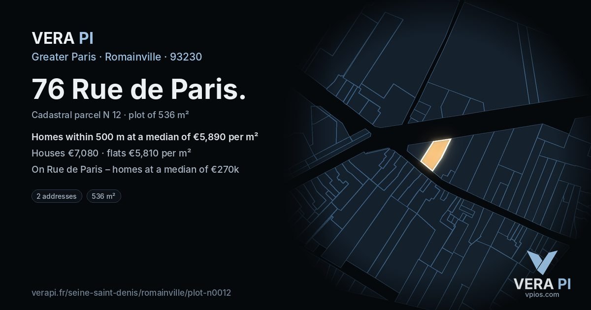 76 Rue de Paris, Romainville at night – the plot lit, the parcels around coloured by the prices near them