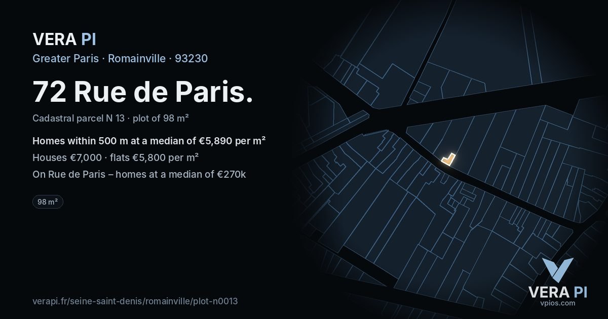 72 Rue de Paris, Romainville at night – the plot lit, the parcels around coloured by the prices near them