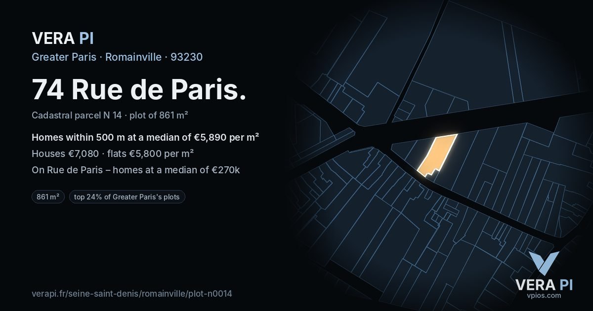 74 Rue de Paris, Romainville at night – the plot lit, the parcels around coloured by the prices near them