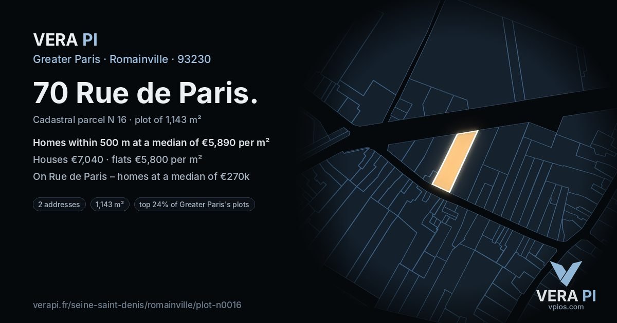 70 Rue de Paris, Romainville at night – the plot lit, the parcels around coloured by the prices near them