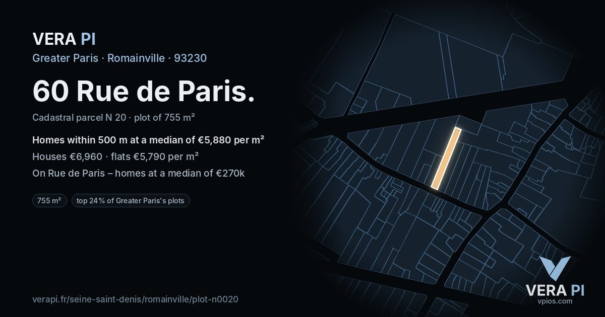 60 Rue de Paris, Romainville at night – the plot lit, the parcels around coloured by the prices near them