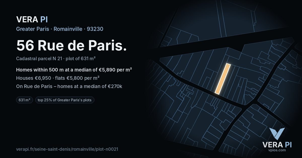 56 Rue de Paris, Romainville at night – the plot lit, the parcels around coloured by the prices near them
