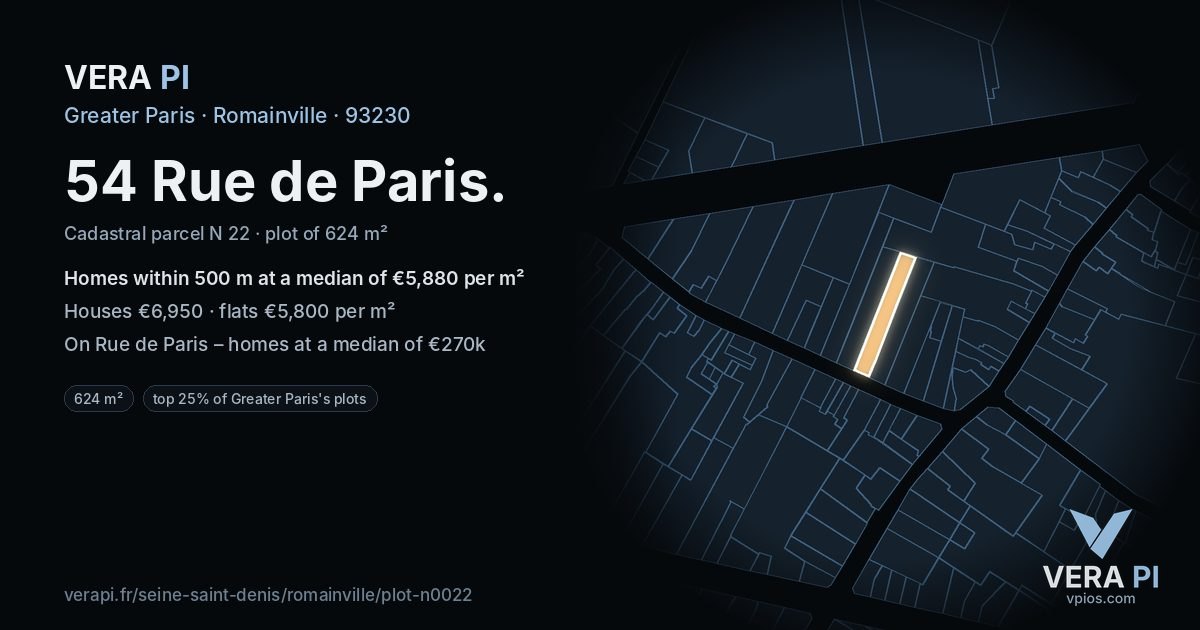 54 Rue de Paris, Romainville at night – the plot lit, the parcels around coloured by the prices near them
