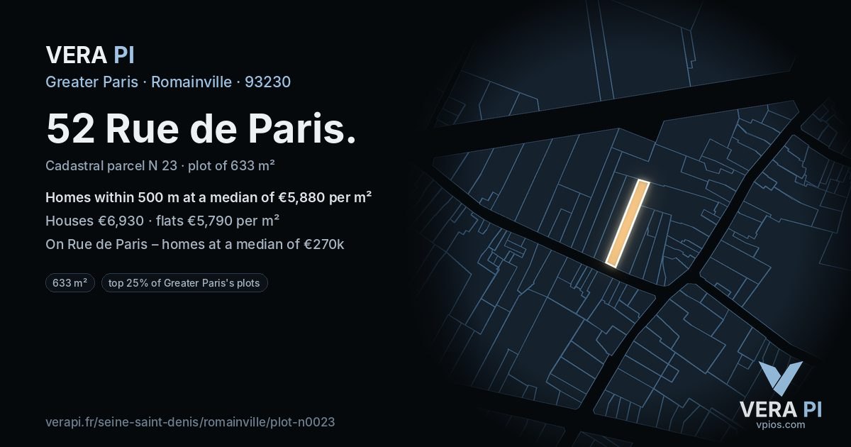 52 Rue de Paris, Romainville at night – the plot lit, the parcels around coloured by the prices near them