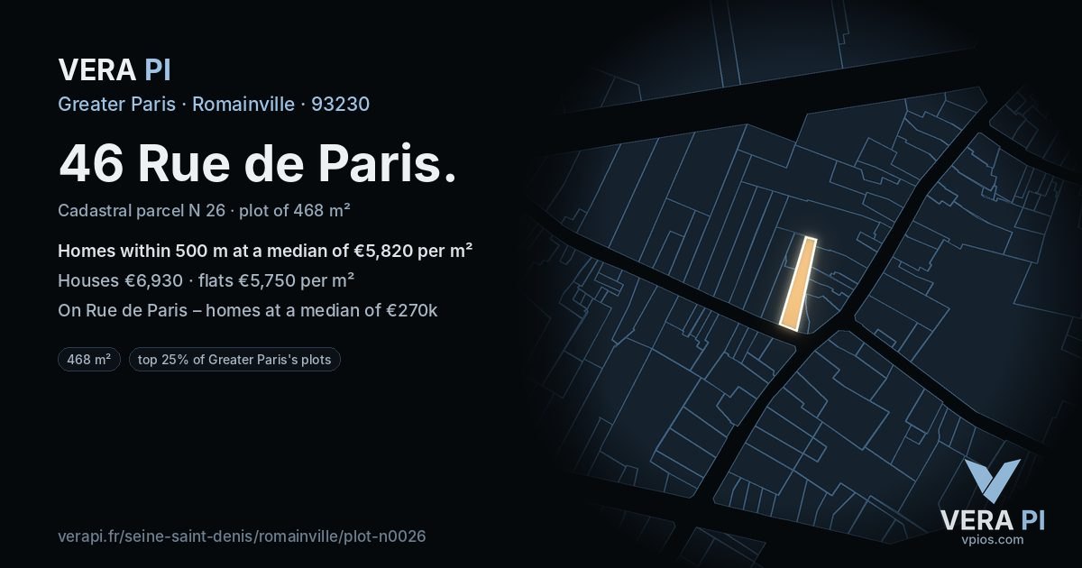 46 Rue de Paris, Romainville at night – the plot lit, the parcels around coloured by the prices near them