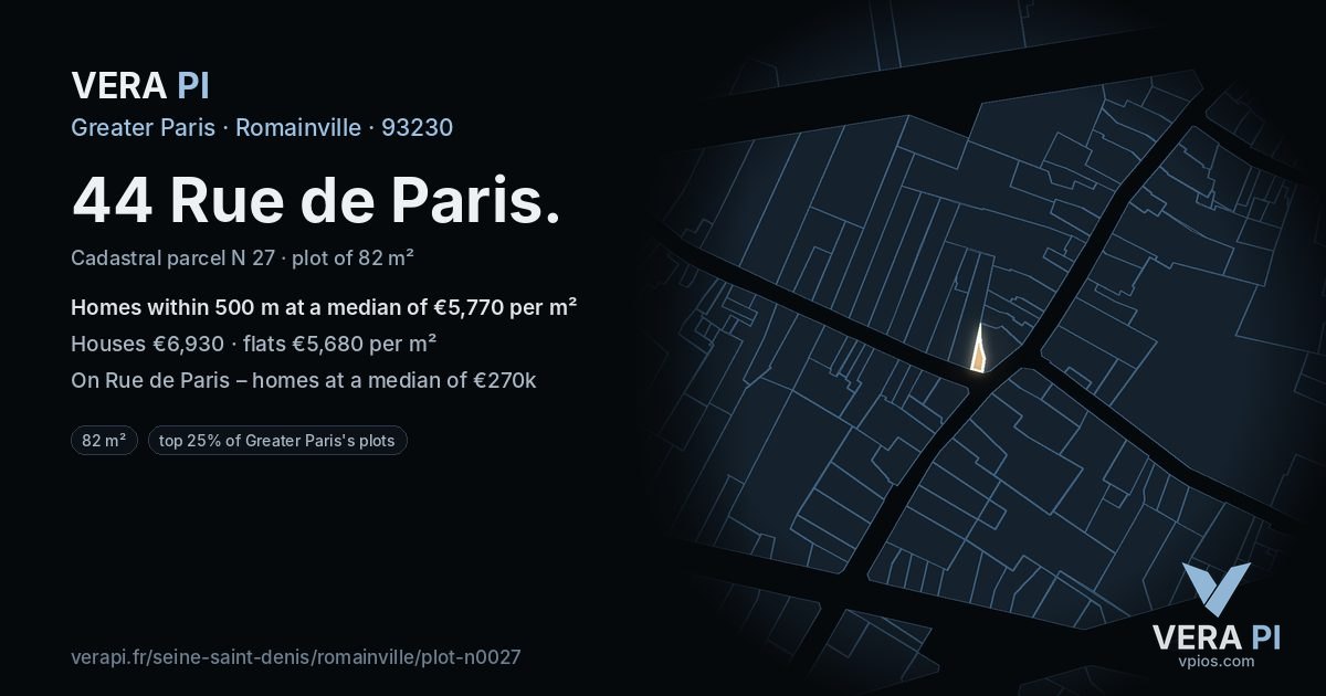 44 Rue de Paris, Romainville at night – the plot lit, the parcels around coloured by the prices near them