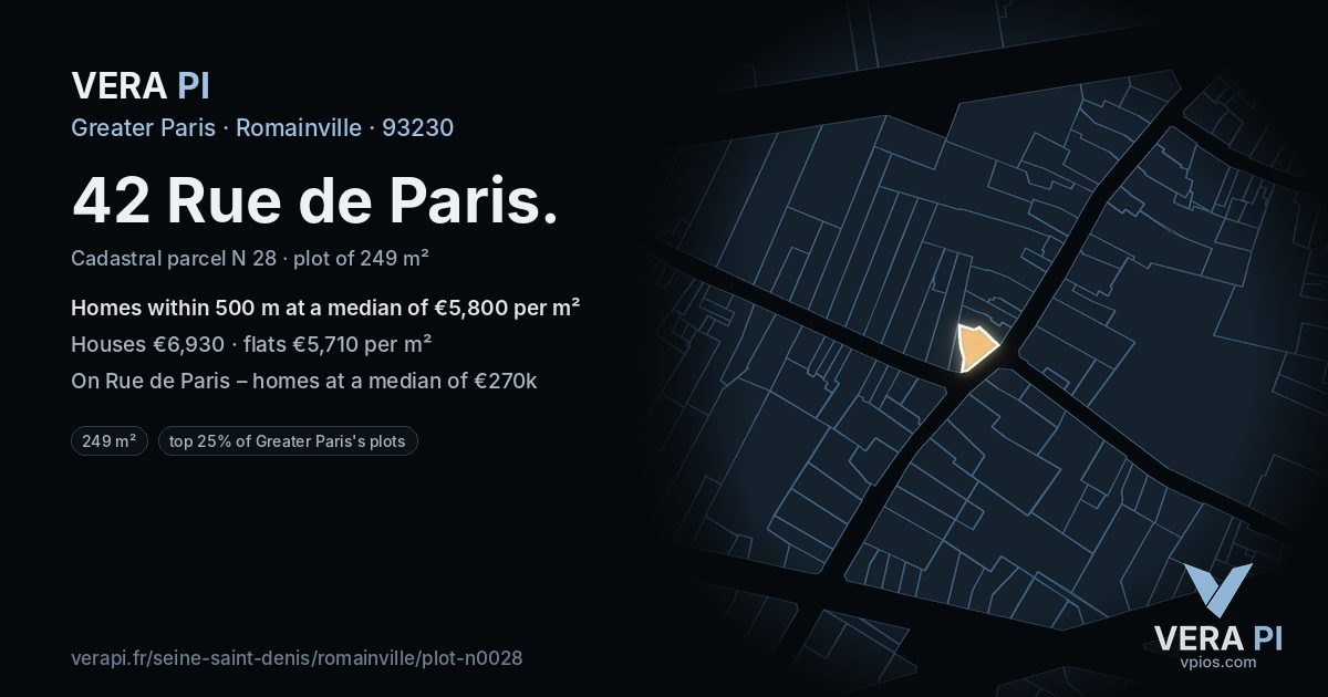 42 Rue de Paris, Romainville at night – the plot lit, the parcels around coloured by the prices near them