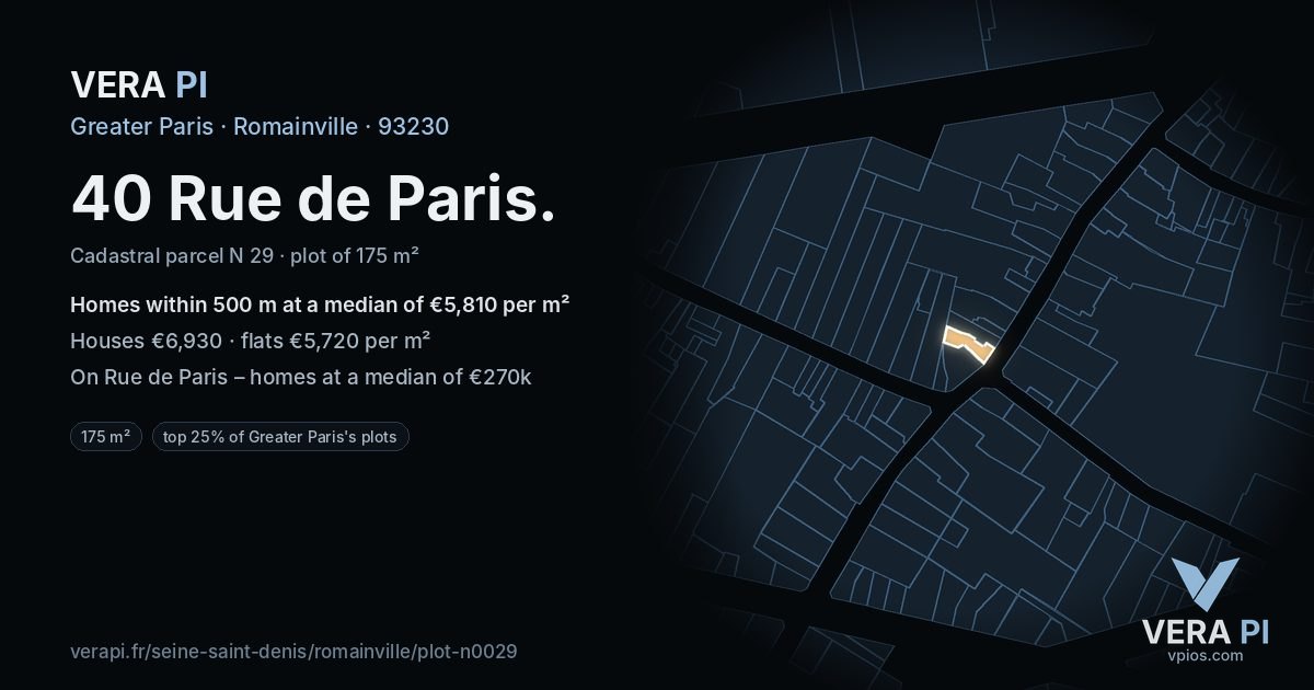 40 Rue de Paris, Romainville at night – the plot lit, the parcels around coloured by the prices near them
