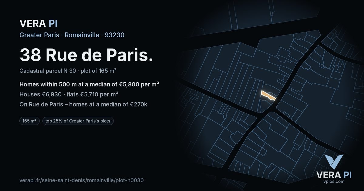 38 Rue de Paris, Romainville at night – the plot lit, the parcels around coloured by the prices near them