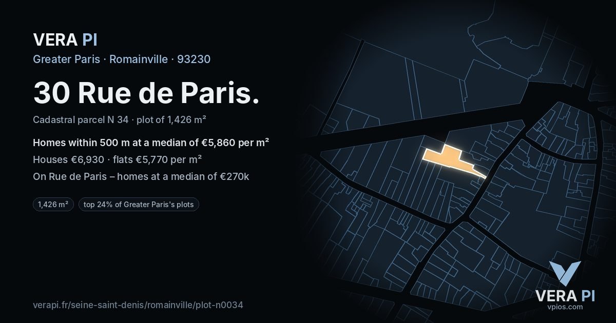 30 Rue de Paris, Romainville at night – the plot lit, the parcels around coloured by the prices near them