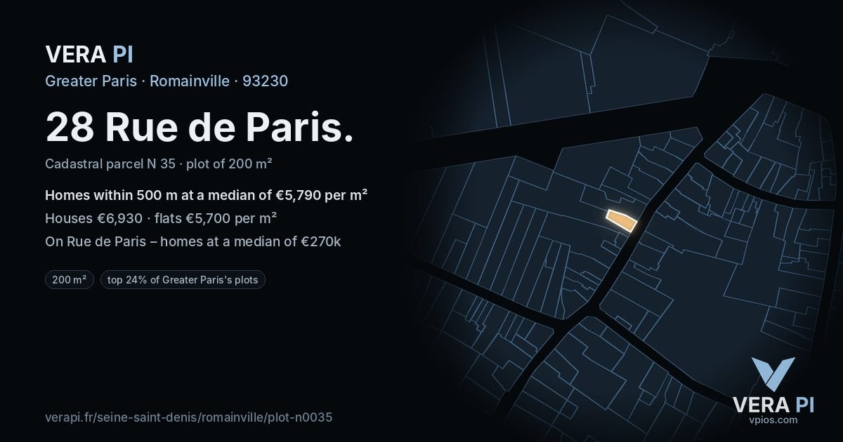 28 Rue de Paris, Romainville at night – the plot lit, the parcels around coloured by the prices near them