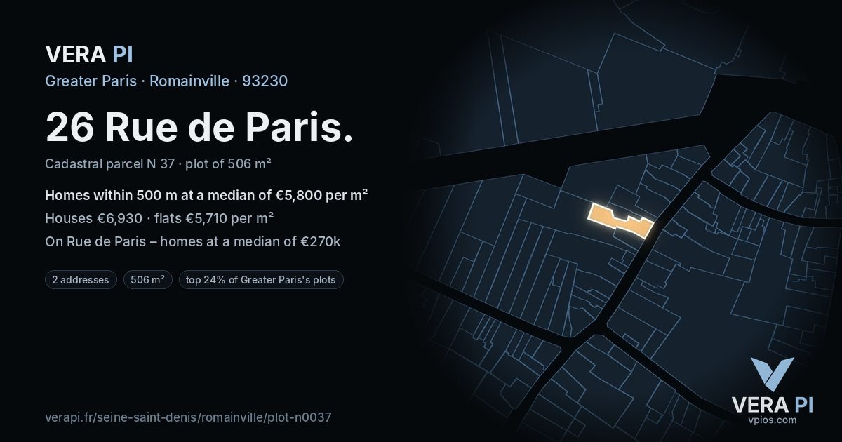 26 Rue de Paris, Romainville at night – the plot lit, the parcels around coloured by the prices near them