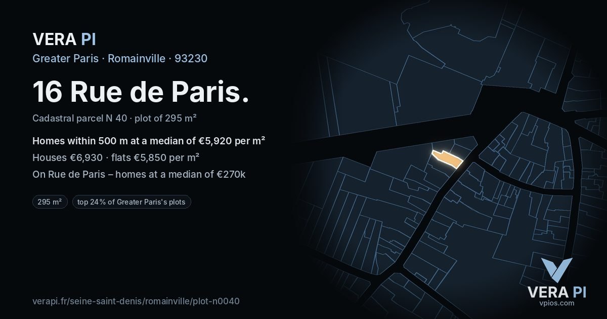 16 Rue de Paris, Romainville at night – the plot lit, the parcels around coloured by the prices near them