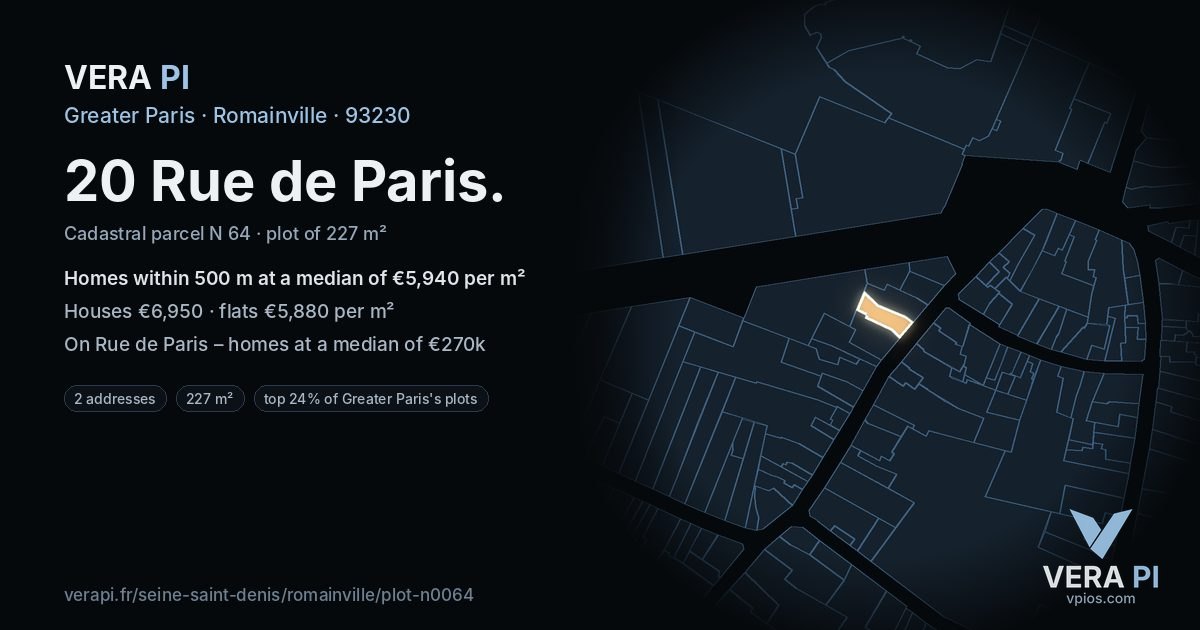 20 Rue de Paris, Romainville at night – the plot lit, the parcels around coloured by the prices near them