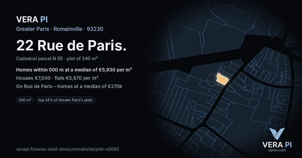 22 Rue de Paris, Romainville at night – the plot lit, the parcels around coloured by the prices near them