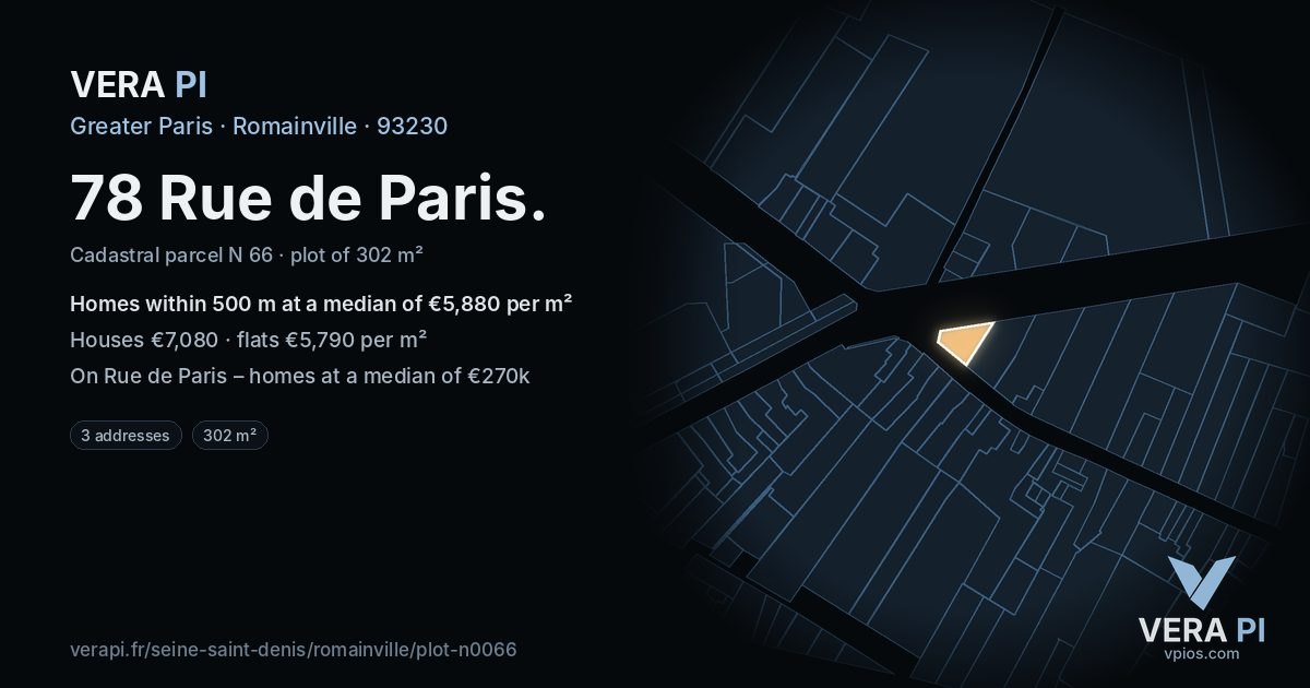 78 Rue de Paris, Romainville at night – the plot lit, the parcels around coloured by the prices near them