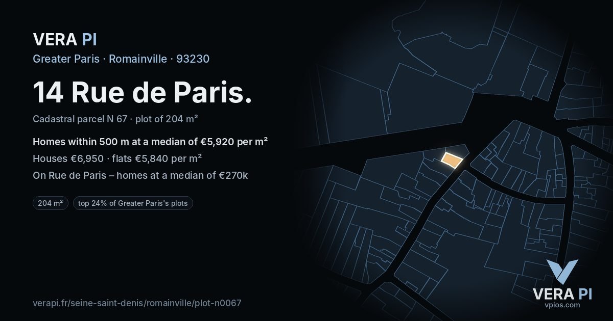 14 Rue de Paris, Romainville at night – the plot lit, the parcels around coloured by the prices near them