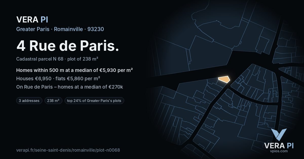 4 Rue de Paris, Romainville at night – the plot lit, the parcels around coloured by the prices near them