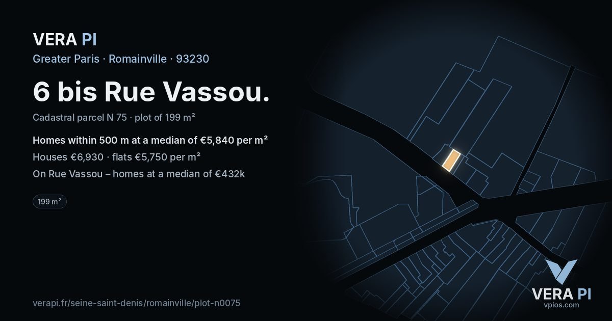 6 bis Rue Vassou, Romainville at night – the plot lit, the parcels around coloured by the prices near them