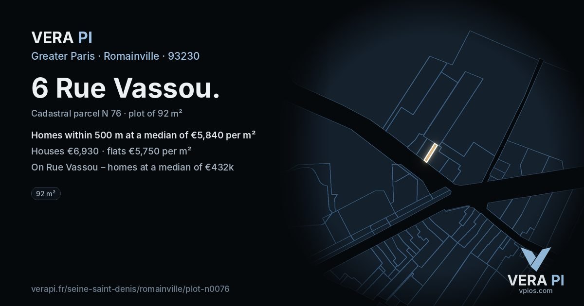 6 Rue Vassou, Romainville at night – the plot lit, the parcels around coloured by the prices near them