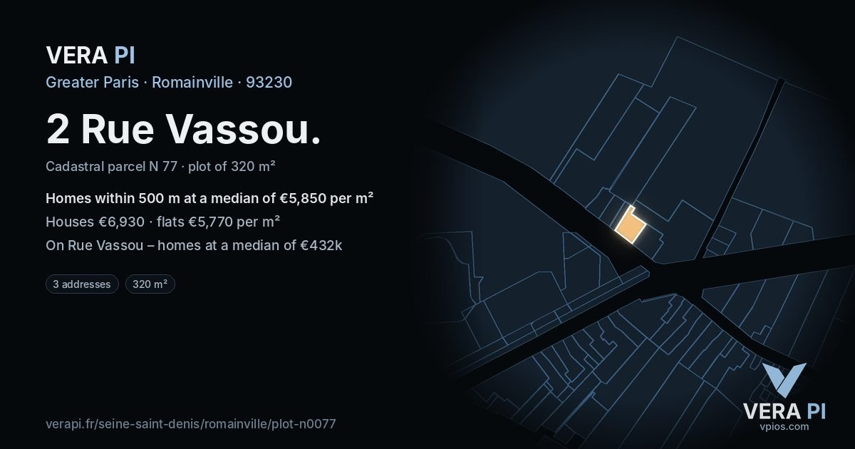 2 Rue Vassou, Romainville at night – the plot lit, the parcels around coloured by the prices near them