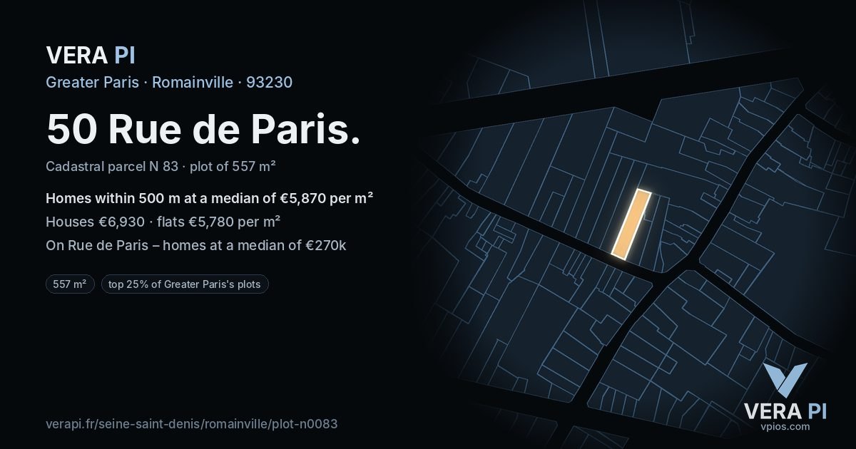 50 Rue de Paris, Romainville at night – the plot lit, the parcels around coloured by the prices near them