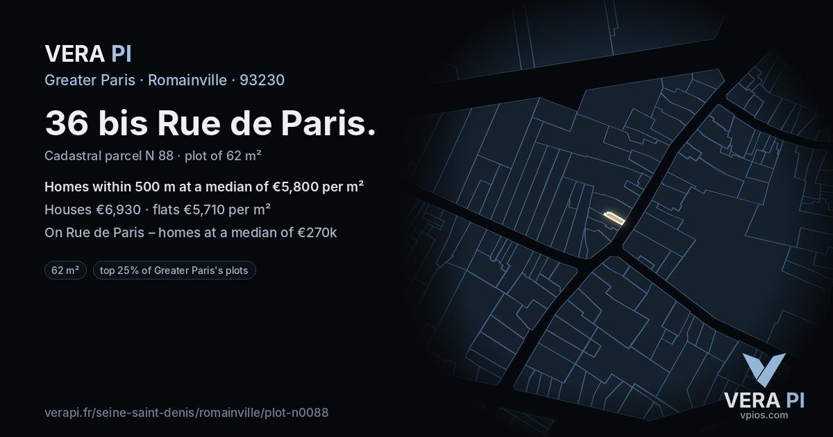 36 bis Rue de Paris, Romainville at night – the plot lit, the parcels around coloured by the prices near them