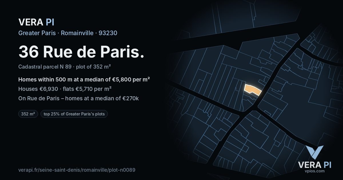 36 Rue de Paris, Romainville at night – the plot lit, the parcels around coloured by the prices near them
