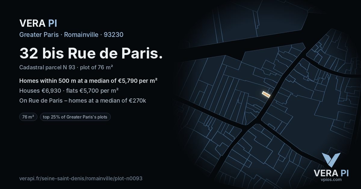 32 bis Rue de Paris, Romainville at night – the plot lit, the parcels around coloured by the prices near them