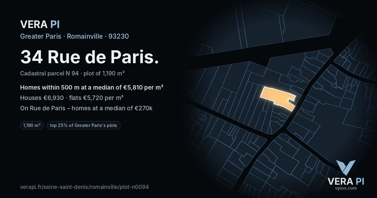 34 Rue de Paris, Romainville at night – the plot lit, the parcels around coloured by the prices near them