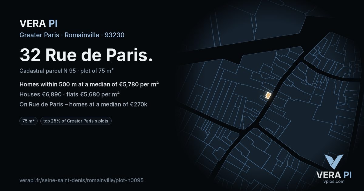 32 Rue de Paris, Romainville at night – the plot lit, the parcels around coloured by the prices near them