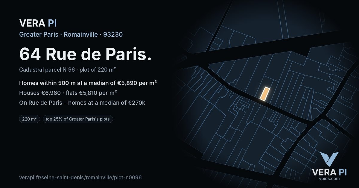 64 Rue de Paris, Romainville at night – the plot lit, the parcels around coloured by the prices near them