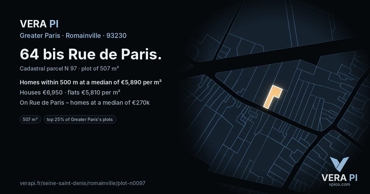 64 bis Rue de Paris, Romainville at night – the plot lit, the parcels around coloured by the prices near them