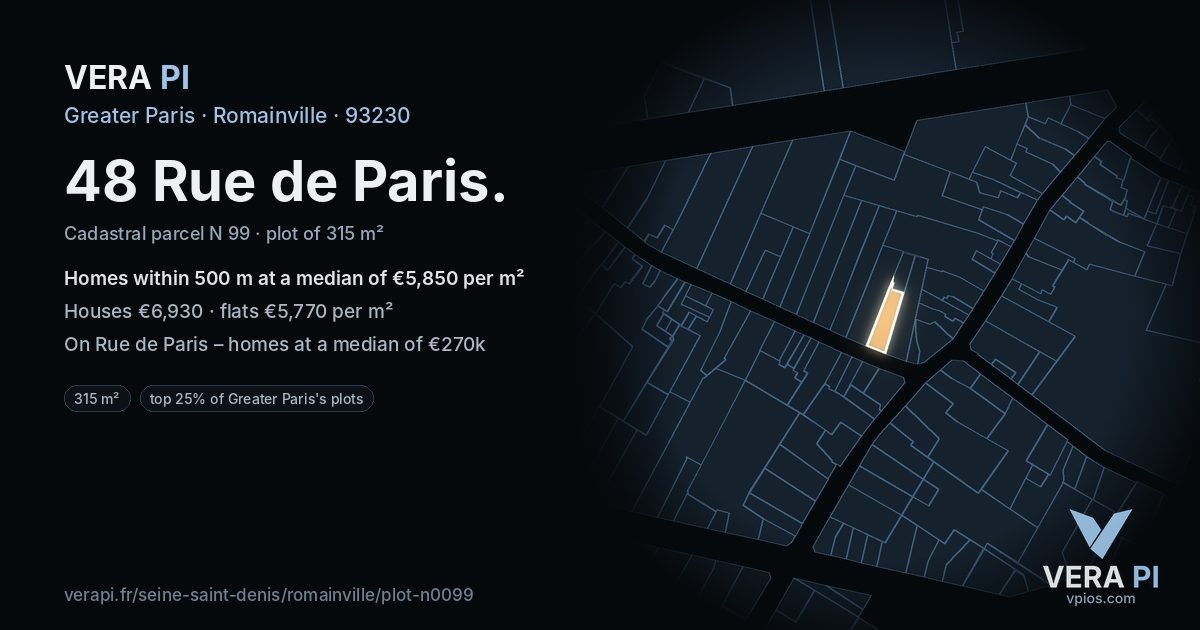 48 Rue de Paris, Romainville at night – the plot lit, the parcels around coloured by the prices near them