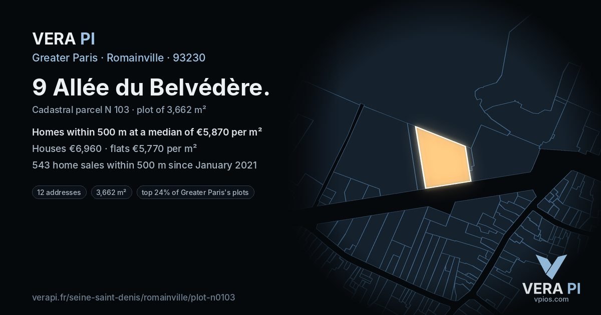 9 Allée du Belvédère, Romainville at night – the plot lit, the parcels around coloured by the prices near them