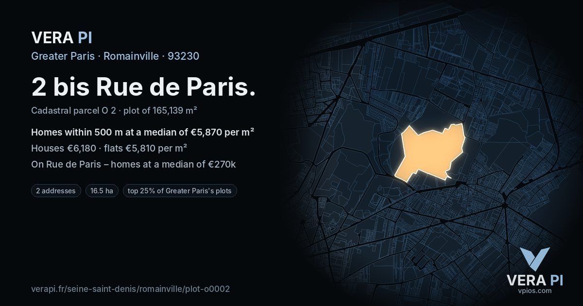 2 bis Rue de Paris, Romainville at night – the plot lit, the parcels around coloured by the prices near them