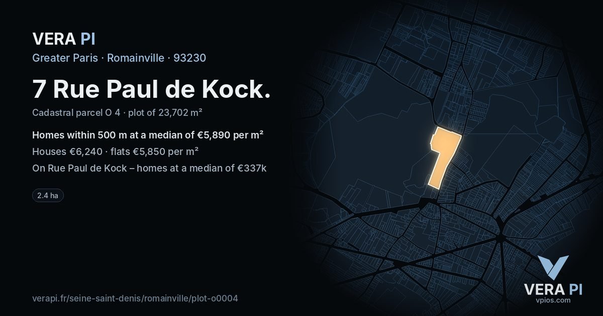 7 Rue Paul de Kock, Romainville at night – the plot lit, the parcels around coloured by the prices near them