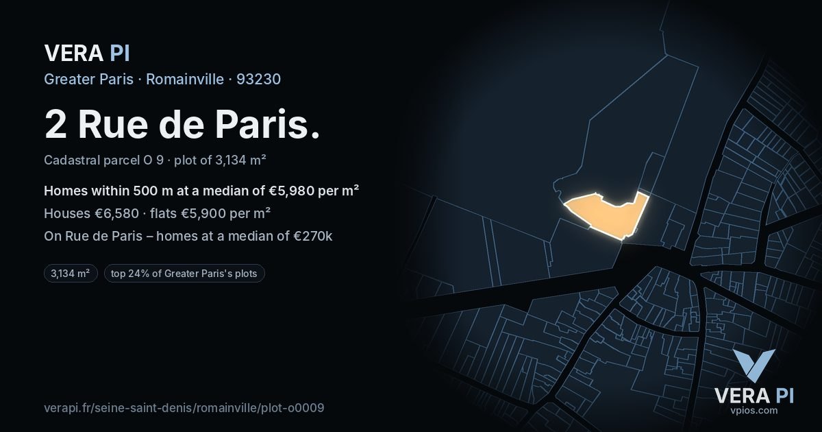 2 Rue de Paris, Romainville at night – the plot lit, the parcels around coloured by the prices near them