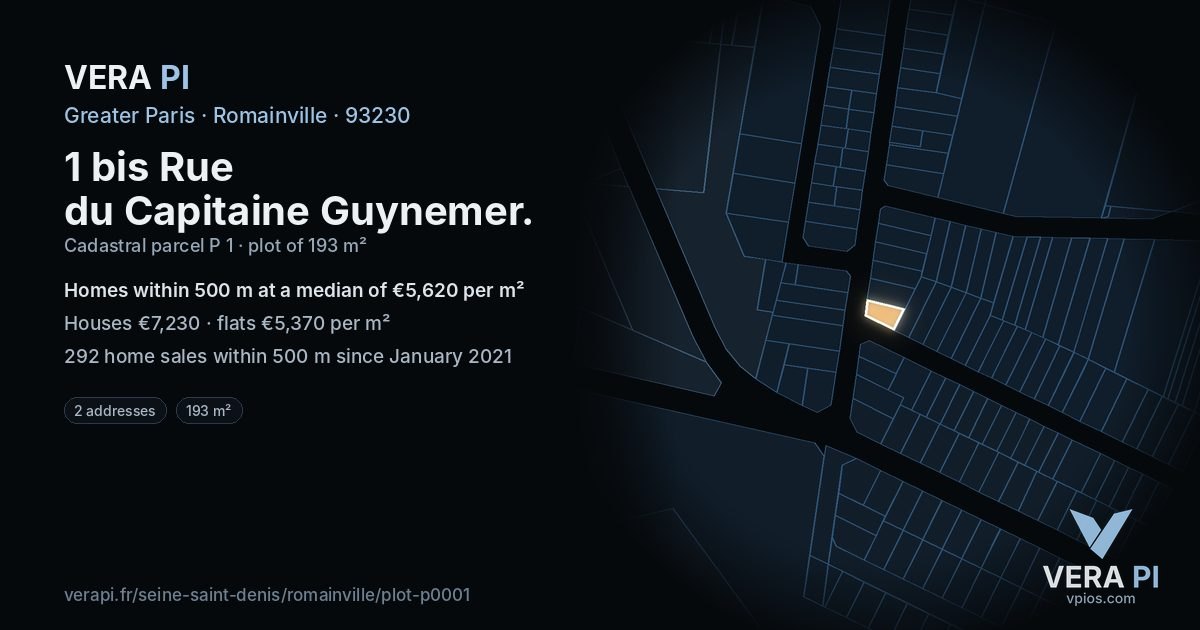 1 bis Rue du Capitaine Guynemer, Romainville at night – the plot lit, the parcels around coloured by the prices near them