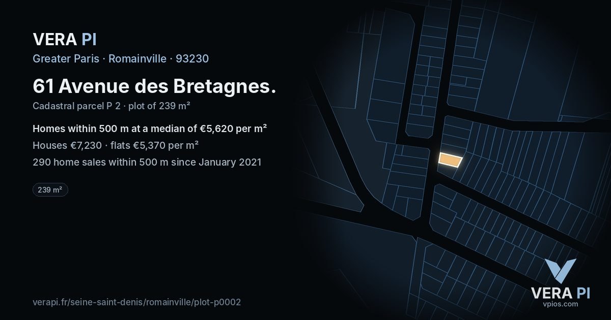 61 Avenue des Bretagnes, Romainville at night – the plot lit, the parcels around coloured by the prices near them