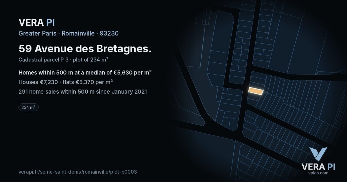 59 Avenue des Bretagnes, Romainville at night – the plot lit, the parcels around coloured by the prices near them