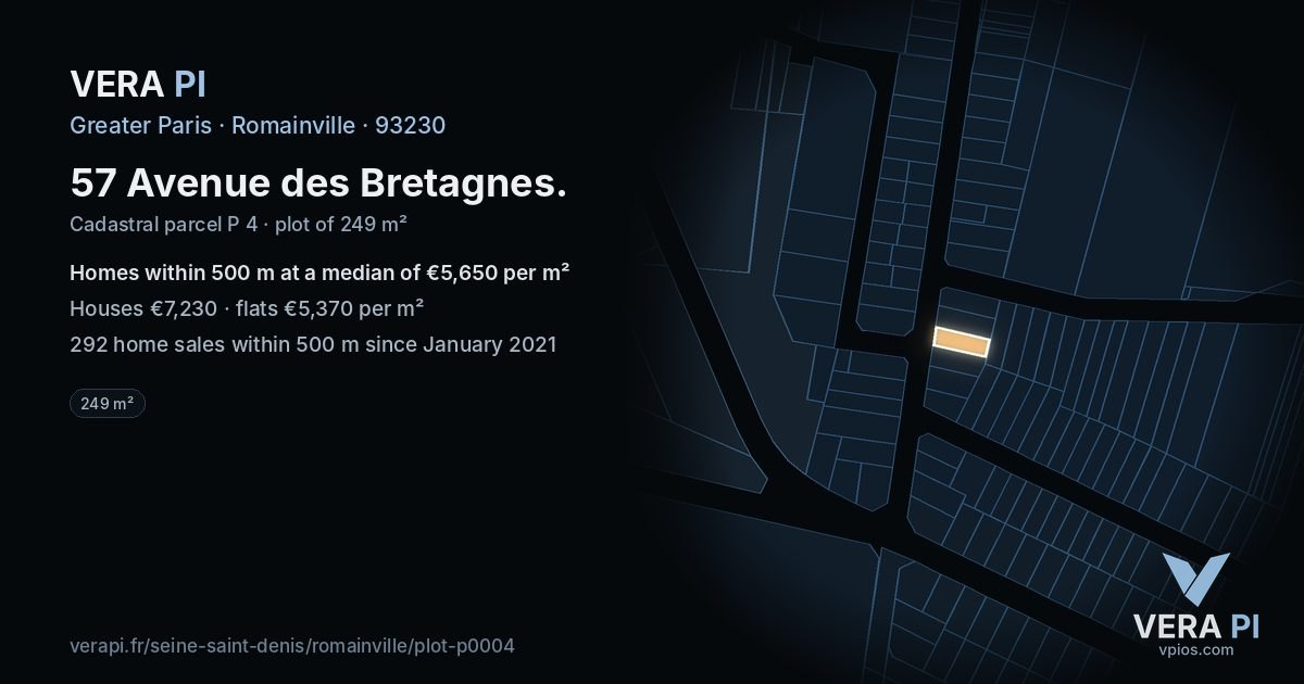 57 Avenue des Bretagnes, Romainville at night – the plot lit, the parcels around coloured by the prices near them