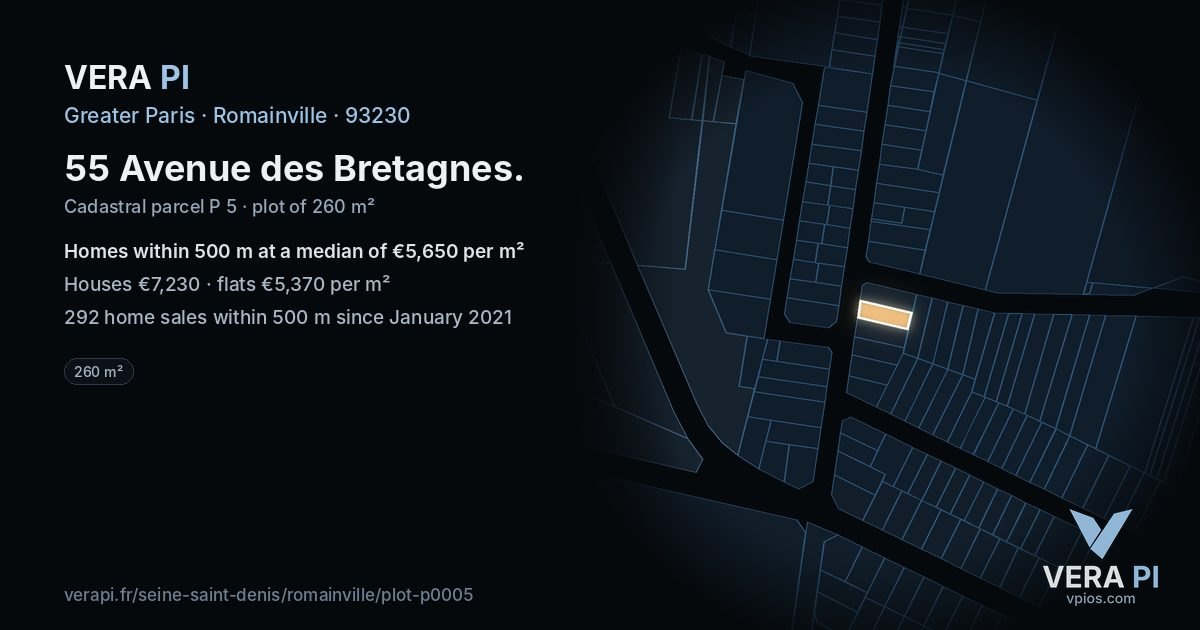 55 Avenue des Bretagnes, Romainville at night – the plot lit, the parcels around coloured by the prices near them