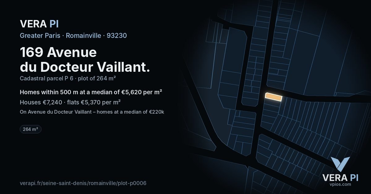 169 Avenue du Docteur Vaillant, Romainville at night – the plot lit, the parcels around coloured by the prices near them