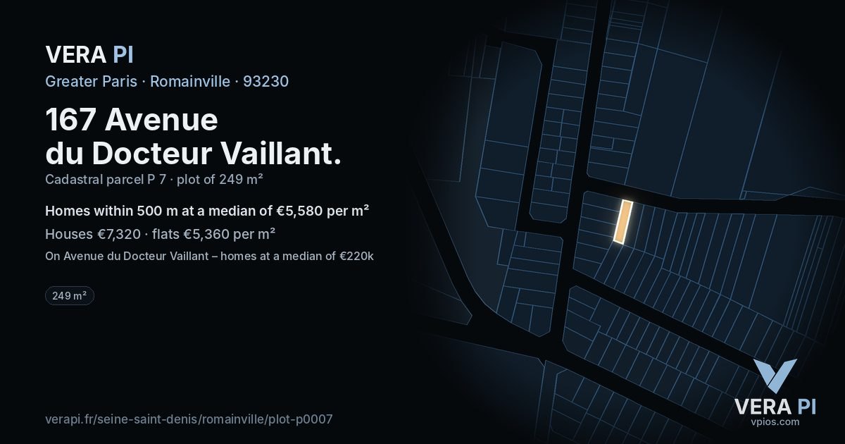 167 Avenue du Docteur Vaillant, Romainville at night – the plot lit, the parcels around coloured by the prices near them