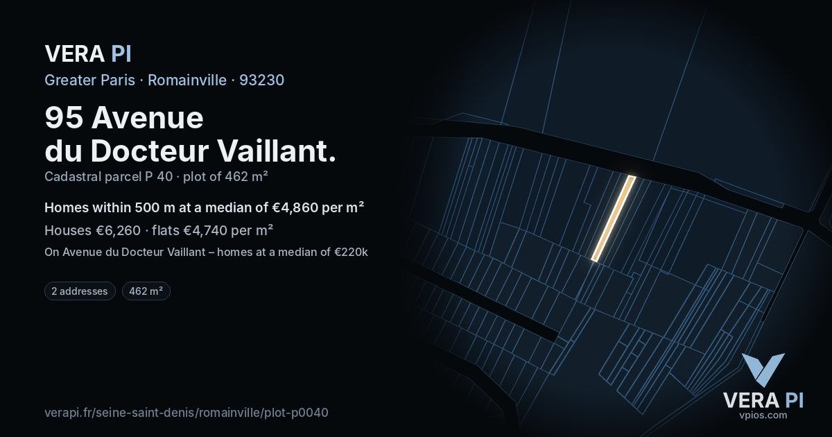 95 Avenue du Docteur Vaillant, Romainville at night – the plot lit, the parcels around coloured by the prices near them
