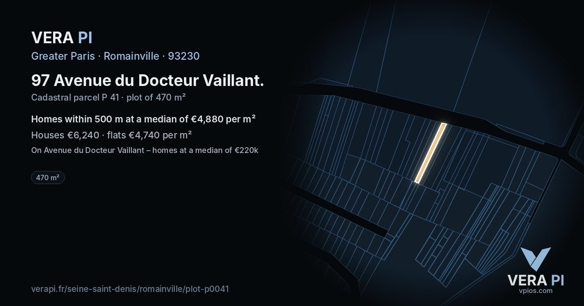 97 Avenue du Docteur Vaillant, Romainville at night – the plot lit, the parcels around coloured by the prices near them